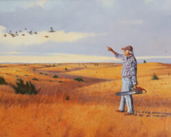 Oil painting of Eldred by Jonathan Wilde. Eldred had just finished cutting invasive junipers in Bartlette, NE. Photo by Gary Eldred.