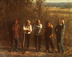 First burn crew on Muralt Bluff Prairie in Green Co., WI. L-R: Dan Hazlett, Gary Eldred, Jon Wilde, Reynold Zeller, Chuck Phillipson. 1975. Photo by John Ochsner.