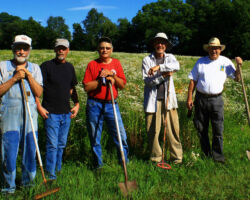 40th anniversary of Muralt Bluff Prairie in Green Co., WI. L-R: John Ochsner, Dan Hazlett, Gary Eldred, Jon Wilde, Chuck Phillipson. 2015. Photo by Steve Hubner.