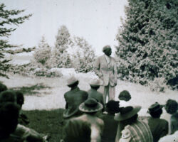 Jensen speaking to women's group at Toft Point in Door County, WI. Photo courtesy of William Tishler.
