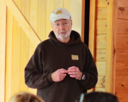 Temple provding an introduction to cranes and crane viewing at the Aldo Leopold Foundation. 2016. Photo by Ed Pembleton.