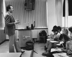 Temple teaching wildlife ecology classes previously taught by WCHF Inductees Aldo Leopold and Joe Hickey at UW-Madison. 1979. Photo courtesy of UW-Madison.