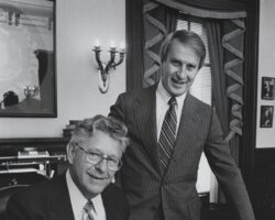 George Becker with Governor Anthony Earl. 1983. (Photo courtesy of UW-Stevens Point Archives.)
