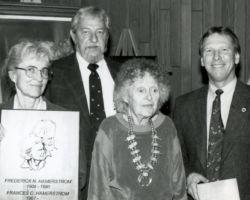 Frances Hamerstrom at WCHF Induction Ceremony. L-R Helen Cornelli, Ray Anderson, Frances Hamerstrom, Greg Septon. 1996.
