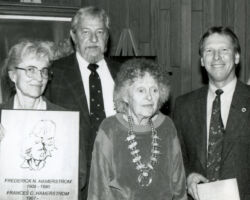 Frances Hamerstrom at WCHF Induction Ceremony. L-R Helen Cornelli, Ray Anderson, Frances Hamerstrom, Greg Septon. 1996.
