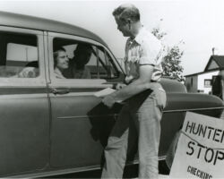 Frederick Hamerstrom checking Grouse hunters. October 1953. Photo courtesy of Wisconsin DNR.