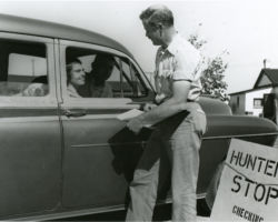 Frederick Hamerstrom checking Grouse hunters. October 1953. Photo courtesy of Wisconsin DNR.