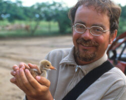 George Archibald and Gee Whiz. (https://www.savingcranes.org/honoring-gee-whiz-father-whooping-crane-conservation/)