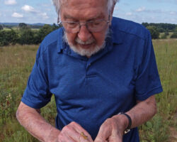 Germain, age 95, with a grasshopper at Spring Green Preserve State Natural Area, “Wisconsin’s Desert.” August 2019. Photo courtesy of WI DNR.