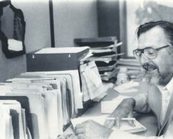 Germain working in the WI DNR office in Madison as the State Natural Area Program Director. Circa 1970s. Photo courtesy of WI DNR.