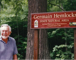 Dedication Ceremony for Germain Hemlocks State Natural Area in Oneida County, WI. Named in honor of Clifford Germain as part of the 50th anniversary of the State Natural Areas Program. July 2002. Photo courtesy of WI DNR.