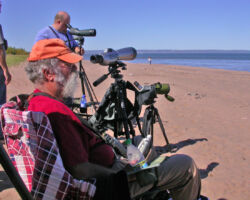 Noel regularly led a group from the Riveredge Bird Club (since renamed the Noel J. Cutright Bird Club) to WSO’s Jaegerfest on Wisconsin Point. 2007. Photo courtesy of NJC Bird Club.