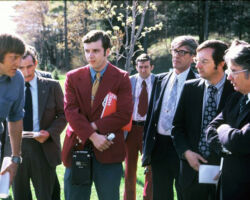 Stephen Born (left), WCHF Inductee, discussed restoration and protection of Wisconsin's inland lakes with Governor Patrick Lucey, Congressman David Obey and Harold "Bud" Jordahl.