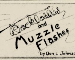 Soon after being hired by the Eau Claire Leader-Telegram, Johnson began writing a weekly outdoor column. He drew the logo for the column called Backlashes and Muzzle Flashes. 1952. Image courtesy of Douglas Johnson.