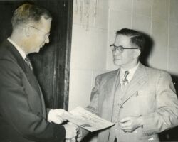 Fred Schmeeckle receiving conservation award. 1952.