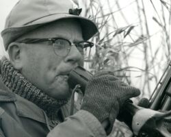 Owen Gromme calling geese in the Horicon Marsh with a call he created. 1967. Photo courtesy of the Wisconsin DNR.