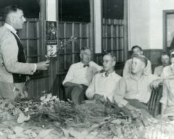 Trenk speaking to a group of students at teh 4-H Awards Camp at Trees for Tomorrow. 1946. Photo courtesy of Trees for Tomorrow.