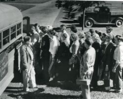 Fred Schmeeckle loading the "Trees" bus for a resource tour during a State Teachers College summer session. 1953. Photo courtesy of Trees for Tomorrow.