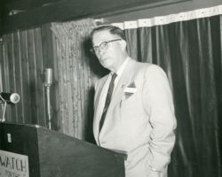 Fred Schmeeckle speaking at the Eagle Waters meeting of the American Association for Conservation Information. 1958. Photo courtesy of the Wisconsin DNR.