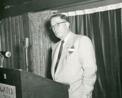 Fred Schmeeckle speaking at the Eagle Waters meeting of the American Association for Conservation Information. 1958. Photo courtesy of the Wisconsin DNR.