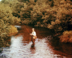 Fred Schmeeckle fishing in the Deerskin River. 1957.