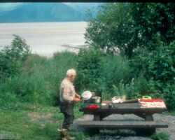 Robert once had to cook and eat a crow he shot. Here is the conscientious fisherman canning salmon on Turnagain Arm in Alaska. 1982.