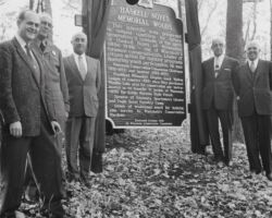William J P Aberg at Haskell Noyes Memorial Woods dedication. 1956. Photo by Staber W. Reese.