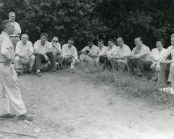 Paul J Olson giving a lecture on stream improvement to UW students at Token Creek, WI, 1956. Photo courtesy of WI DNR.