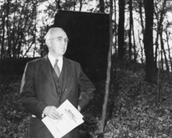 William J P Aberg at Haskell Noyes Memorial Woods dedication. 1956. Photo by Staber W. Reese.