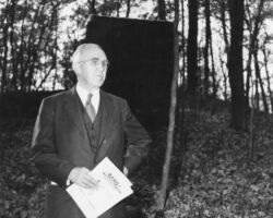 William J P Aberg at Haskell Noyes Memorial Woods dedication. 1956. Photo by Staber W. Reese.