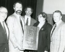 Robert Ellarson's WCHF Induction Ceremony. L-R Bob Ellingson, Bruce Ellerson, Scott Ellerson, Jean Ellerson, Bob Ruff. 1996.
