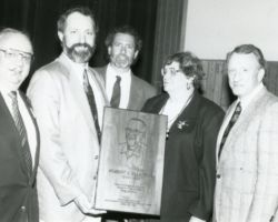 Robert Ellarson's WCHF Induction Ceremony. L-R Bob Ellingson, Bruce Ellerson, Scott Ellerson, Jean Ellerson, Bob Ruff. 1996.