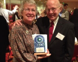 Roy and Charlotte Lukes were recognized with a Lifetime Achievement Award by the Gathering Waters Conservancy. 2014. Photo courtesy of Door County Land Trust.
