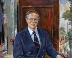 Canadian artist Robert Hyndman combined realism with abstract elements in his portrait of Banking, Finance and Urban Affairs Committee Chairman Henry Reuss. 1981. Collection of the U.S. House of Representatives.