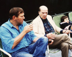 Stephen Born (WCHF Inductee) speaking with Senator Gaylord Nelson (right) about the relicensing of the Chippewa Flowage. (Photo courtesy of Stephen Born.)