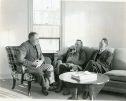 Harley MacKenize at the State Experimental Game and Fur Farm in Poynette, WI. L-R H. W. MacKenzie, H. B. Kellogg Jr., W. F. Grimmer. 1936.