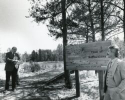 Gaylord Nelson (leftt) and Ron Zimmerman, former Director of Schmeeckle Reserve, walking the Trail of Reflection at Schmeeckle Reserve at UW-Stevens Point. (Photo courtesy of the Wisconsin Conservation Hall of Fame.)