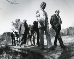 Gaylord Nelson (right) and Ron Zimmerman, former Director of Schmeeckle Reserve, walking the trails at Schmeeckle Reserve at UW-Stevens Point. (Photo courtesy of the Wisconsin Conservation Hall of Fame.)