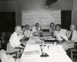 Conservation Commission meeting at King's Gateway Hotel in Land O' Lakes. Left to right: Dr. A. W. Schorger (WCHF Inductee); Leonard J. Seyberth; J. O. Moreland; Guido Rahr (WCHF Inductee), chairman; E. F. Swift, Wisconsin Conservation Department director; Charles F. Smith; and Douglas Hunt. 1953. Photo by Russ Neugebauer, courtesy of UW-Madison Digital Archives.