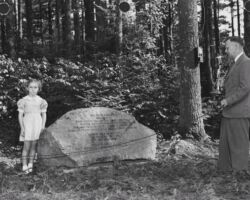 Ernest Swift addressing group at Uhrenholdt memorial forest dedication. 1947. Photo by Staber W. Reese. Courtesty of UW-Madison Digital Archives.