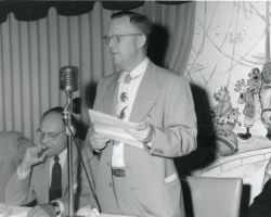 Ernest Swift speaking at Fish and Game meeting in Milwaukee, WI. 1950. Photo courtesy of Wisconsin DNR.