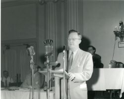 Ernest Swift giving address at Conservation Congress meeting in Madison, WI. 1952. Photo courtesy of Wisconsin DNR.