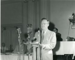 Ernest Swift giving address at Conservation Congress meeting in Madison, WI. 1952. Photo courtesy of Wisconsin DNR.