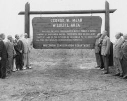 Governor Gaylord Nelson and administrators from the Wisconsin Conservation Department stand in front of sign at George W. Mead wildlife area. Left to right: WCD director Lester P. Voigt; Wisconsin Conservation Commissioner (WCC) Russel Stouffer; Mr. Kyler; Governor Gaylord Nelson; WCC Arthur MacArthur; WCC Charles Smith; WCC Leonard Seyberth; Stanton Mead; Mr. Thiel and assistant director George Sprecher. 1959. (Photo by Staber W. Reese. Courtesty of UW-Madison Digital Archives.)