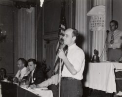 Walter Scott, Wisconsin Conservation Department, addressing the 1942 Conservation Congress meeting at the Loraine Hotel in Madison. (Photo by Staber W. Reese. Courtesy of UW-Madison Digital Archives.)
