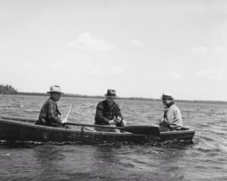 V. M. Simmons, Indiana's director of public works, fishing with Ernest Swift and Emil Kramer. 1938. Photo by Eugene Sanborn. Courtesty of UW-Madison Digital Archives.