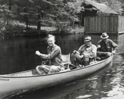Ernest F. Swift with Messrs. Wasco and Minor canoeing on the Brule River. 1938. Photo by Eugene Sanborn. Courtesty of UW-Madison Digital Archives.