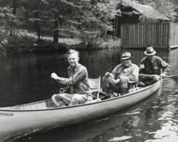 Ernest F. Swift with Messrs. Wasco and Minor canoeing on the Brule River. 1938. Photo by Eugene Sanborn. Courtesty of UW-Madison Digital Archives.