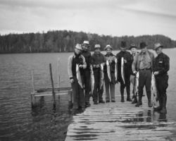 The results of a day's catch from Pine Lake. L-R: Barney Devine, Kenneth Kunkel, Governor Townsend (Indiana), V. M. Simmons, Cliff Reed, Ernest Swift, H. W. MacKenzie (WCHF Inductee), and Emil Kramer. 1938. Photo by Eugene Sanborn. Courtesty of UW-Madison Digital Archives.