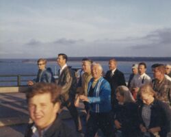 Annual jog across Mackinac Bridge by Governor Warren Knowles (WI) and Governor George Romney (MI), on Labor Day, 1968. Time was 57 minutes for approximately 5 miles. Governor Romney previously walked the distance in 47 minutes. 1968. Photo by Staber W. Reese. Courtesy of UW-Madision Digital Archives.